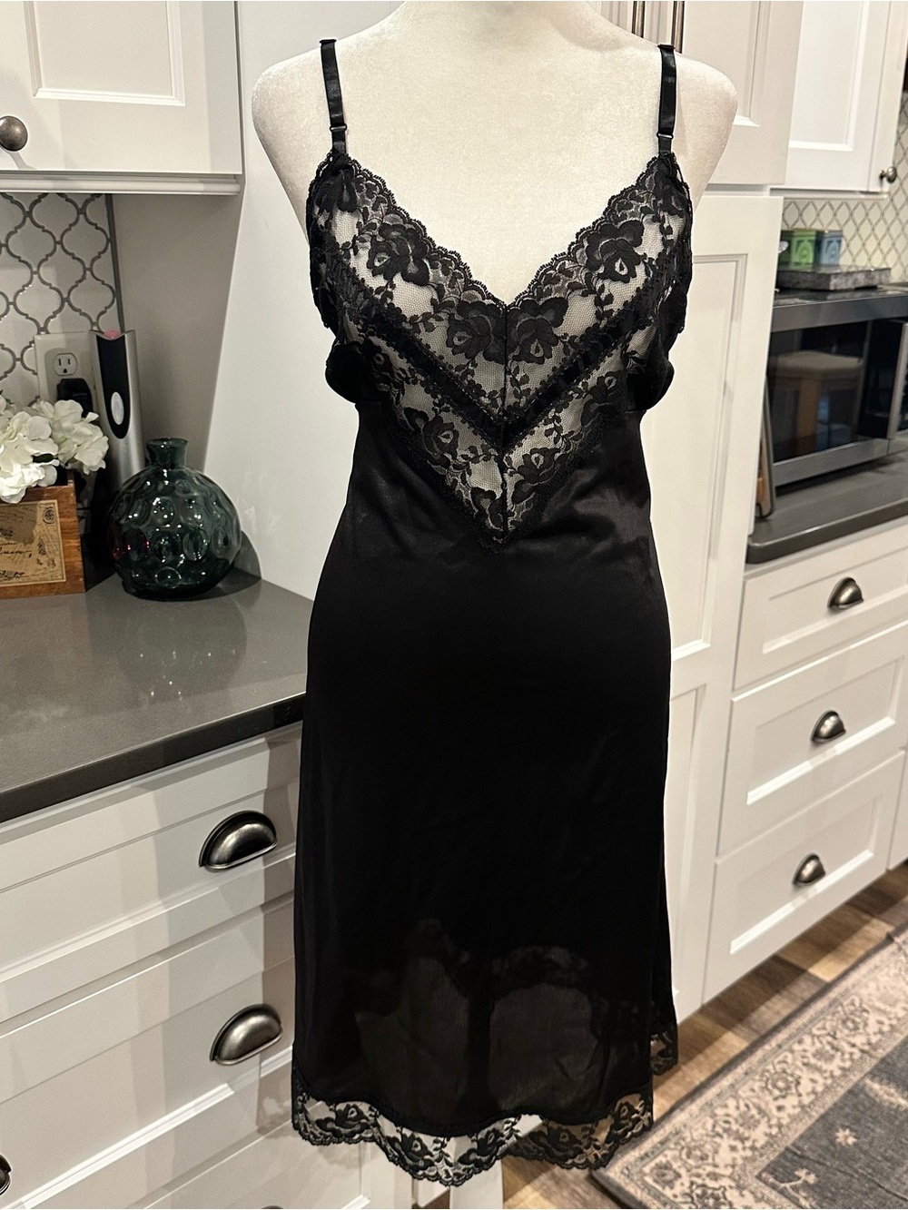 Vtg Black Slip Dress Lace Trim Lingerie Nightgown Whimsigoth Goth 34 Coquette
